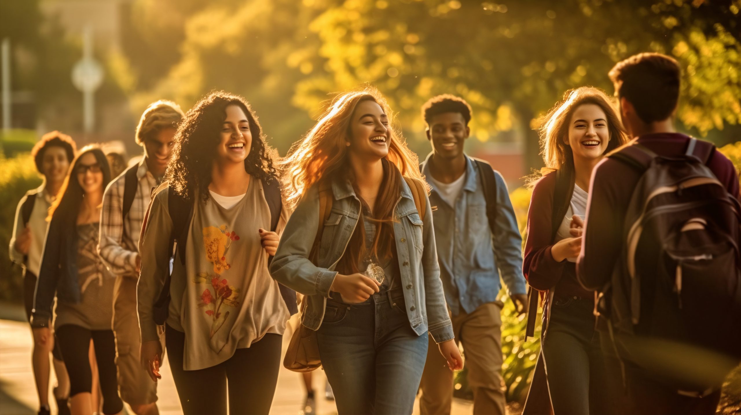 Diverse group of students laughing and walking together through a sunlit campus