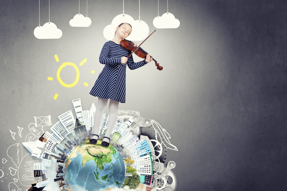 An illustration shows a girl standing on top of a small illustrated Earth, playing a violin.