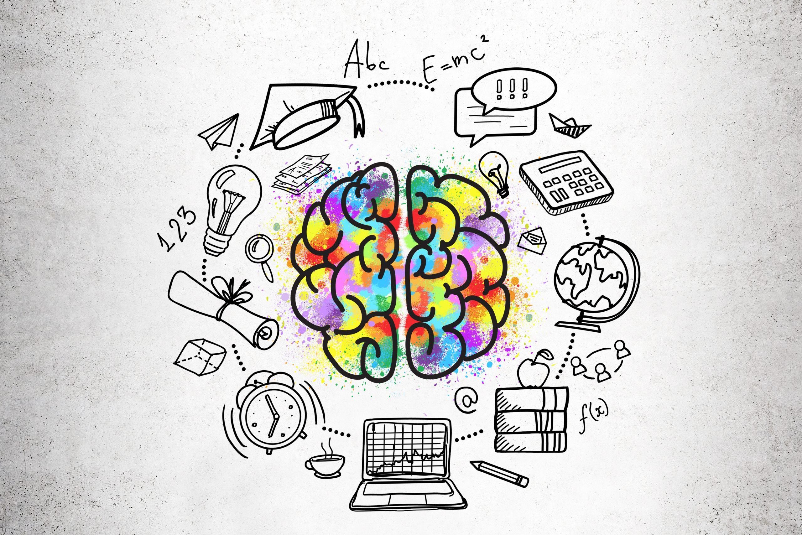 A colorful, abstract illustration of a brain painted in bright splashes of yellow, pink, blue, green, and purple. Surrounding it are hand‑drawn doodles representing learning and creativity, including a lightbulb, paper airplane, graduation cap, calculator, globe, laptop, books, clock, mathematical formulas, and speech bubbles.
