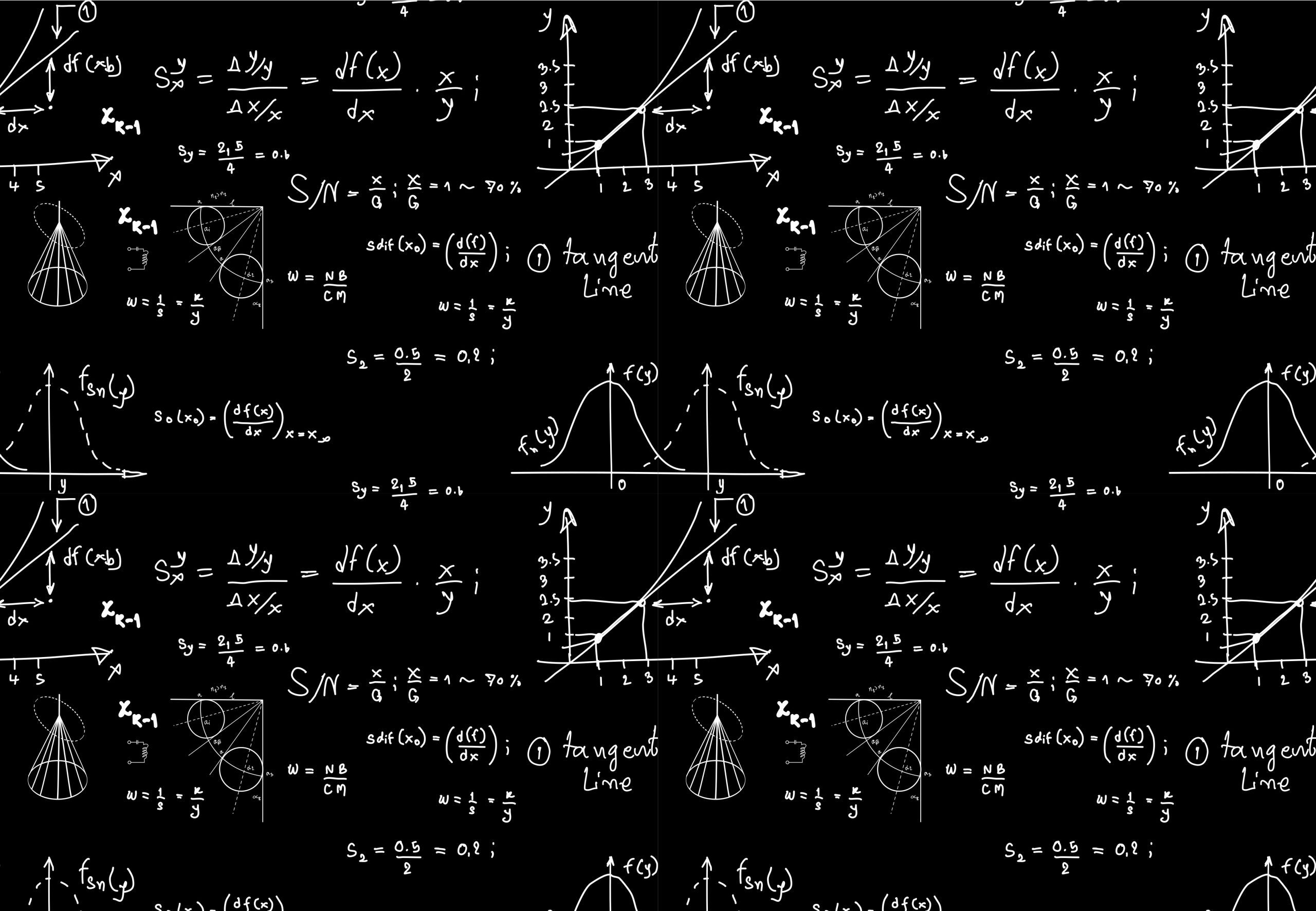 Mathematical equations are drawn on a blackboard.