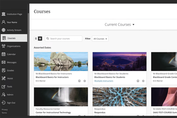 A screenshot from Blackboard showing current courses.