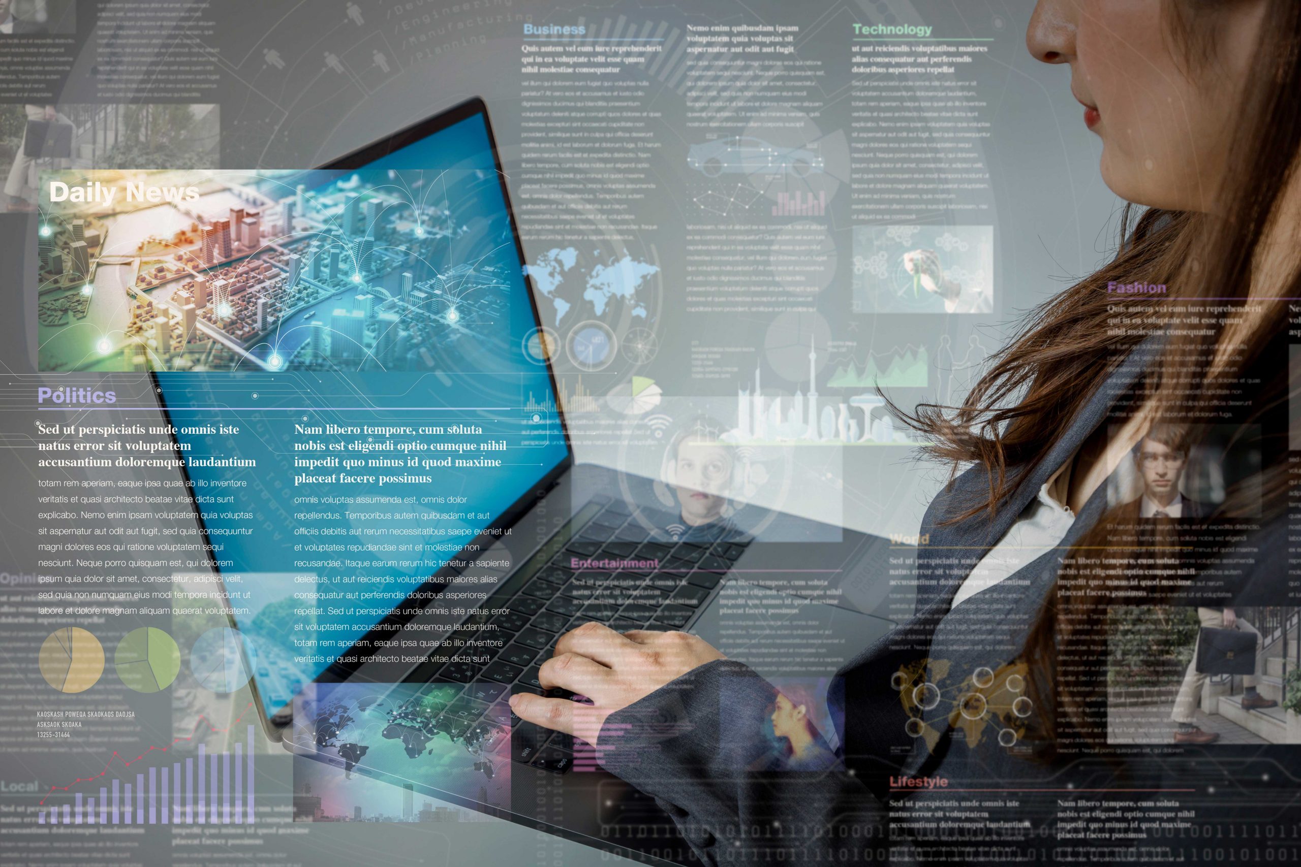 Illustration depicts digital technology through image of girl browsing the internet on a laptop.