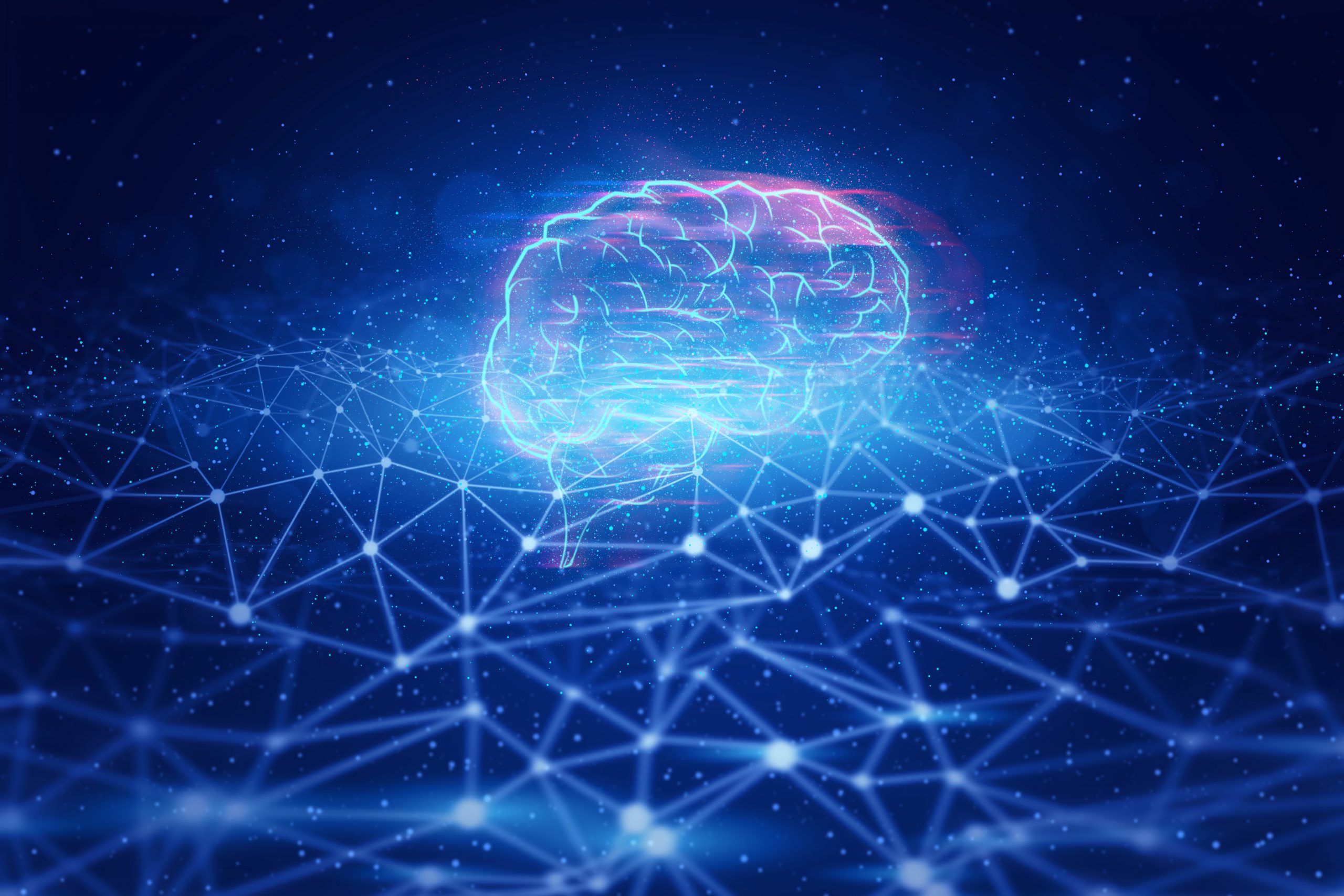 Illustration shows a brain lit up with neurons and digital connections.