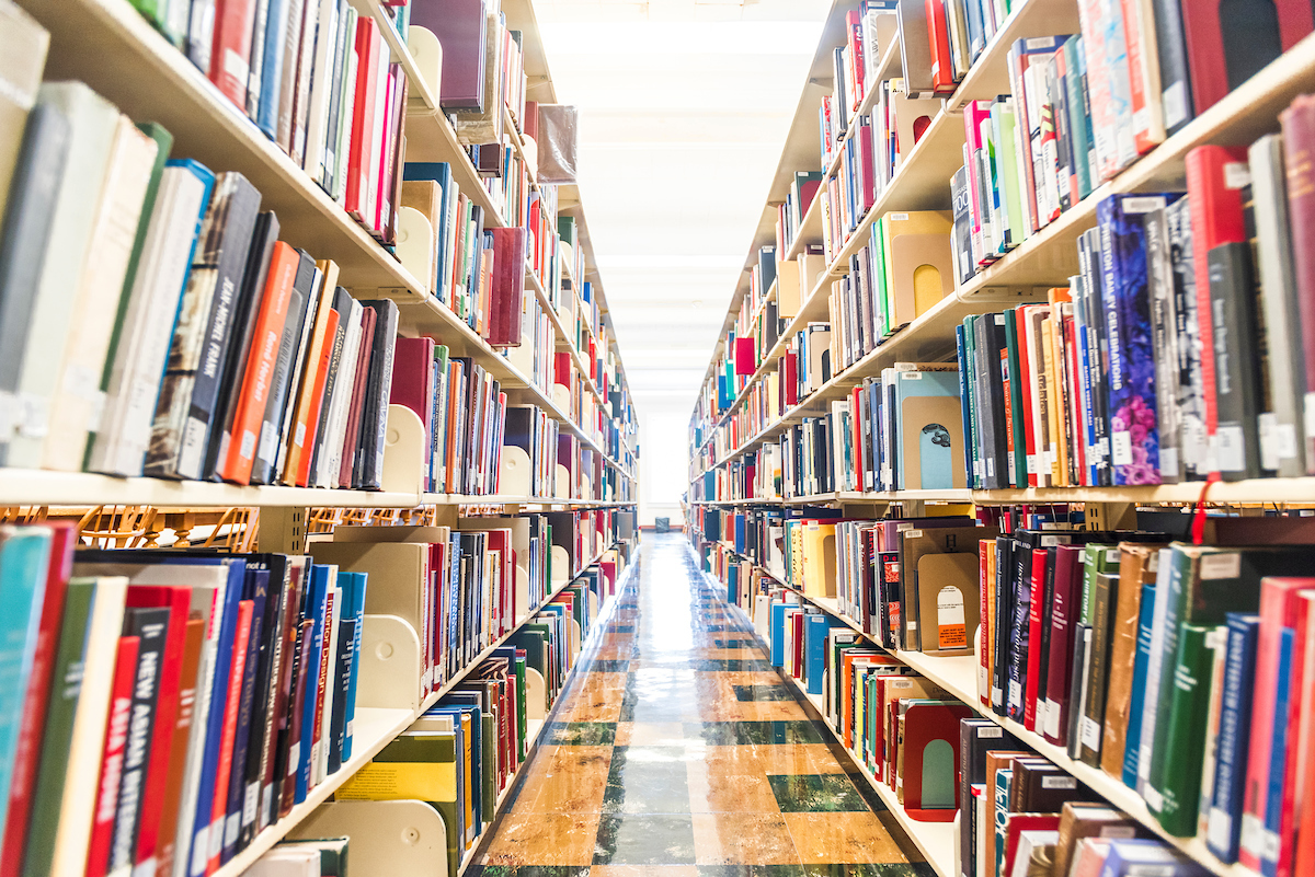 Library shelves of books