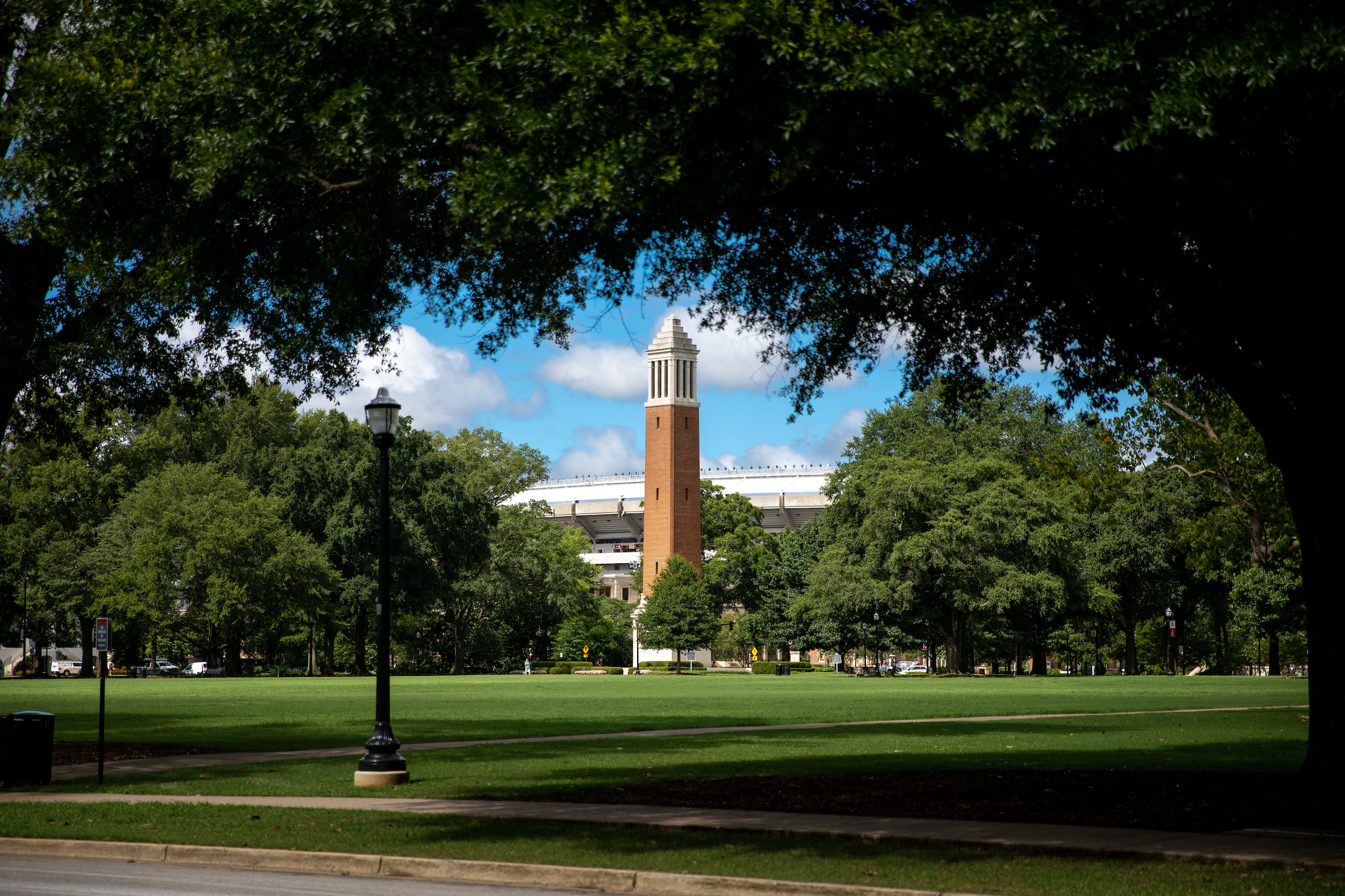 Denny Chimes and Bryant-Denny Stadium can be seen in the distance on the Quad.