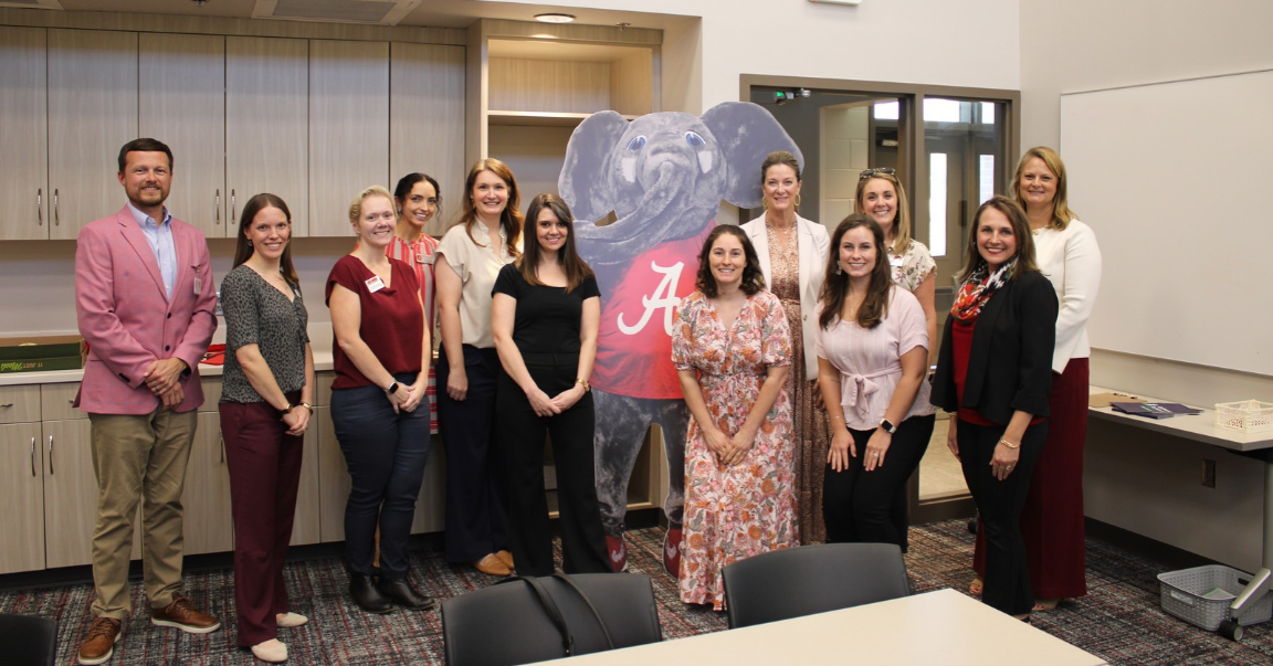 Group photo of attendees: From left, representative from the Alabama State Department of Education, Sarah Housley (Faulkner), Krista Gilliland (JSU), Brittany Adams, Cortney Dilgard, Jennifer Pate, Anastasia Lastinger (UAH), Cathy Lott Keck (Troy), Kristin Johnson (UAB), Jessica Cannon (JSU), Amy Jones (ARI) and Lauren Brennan (ARI).